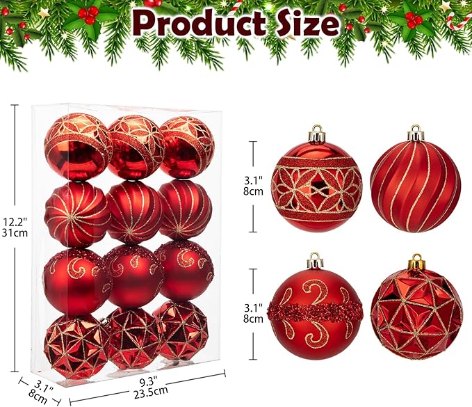 12pcs Red Christmas Ornaments Balls 3.14 inch Glitter Hanging Christmas Tree Ornaments Set for Christmas Decorations Hand Painted Shatterproof Christmas Baubles for Xmas Holiday Party Decor