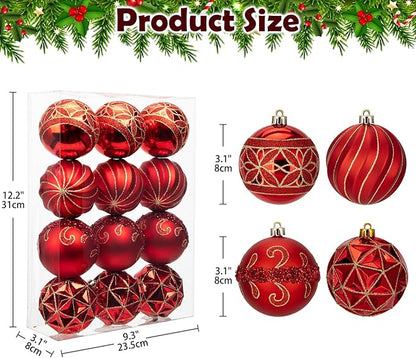 12pcs Red Christmas Ornaments Balls 3.14 inch Glitter Hanging Christmas Tree Ornaments Set for Christmas Decorations Hand Painted Shatterproof Christmas Baubles for Xmas Holiday Party Decor