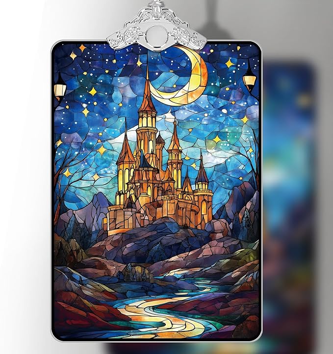 Castle Stained Glass Ornament, 2025 Christmas Tree Hanging Decoration for Gift Exchange or Stocking Stuffer, Fantasy Holiday Decor, 3.8 x 2.4 Inch