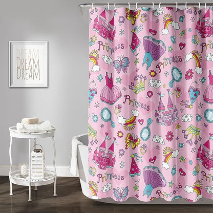AILONEN Princess Dress Shower Curtain,Cartoon Sparkling Star Diamond Waterproof Shower Curtain Set for Girls Kids Teens, 60" W*72" H Pink Castle Jewelry Shower Curtain for Bathroom