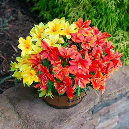 Artificial Fake Fall Flowers for Outdoors 3 Bundles Silk Azalea Flower Faux Plants UV Resistant Realistic Flowers for Outside Planter Porch Patio Yard Garden Walkways Home Decor (Orange+Yellow)