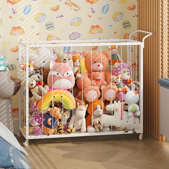 BBLIKE Stuffed Animal Storage Tower Rolling Cart - Zoo Cage Organizer for Kids' Plush Toys - Extra Large Storage Holder for Stuffy, Plushies & More in Playroom or Bedroom, 214L, White