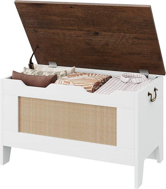 IDEALHOUSE Storage Chest, Rattan Toy Chest for Boys Girls, 30" Kids Wood Large Toy Box, Storage Bench with Safety Hinge,Storage Trunk for Entryway, Living Room, Bedroom, Playroom, White