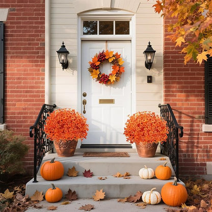 Fall Flowers Artificial for Decoration, Artificial Fall Mums Flowers for Outdoors, Fake Flowers Daisy Eucalyptus Realistic UV Resistant for Garden Patio Porch Home Decor (12, Orange-Yellow Leaves)