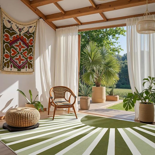 Lahome Washable Rugs 9x12 - Non-Slip Living Room Rug 9x12 Ultra-Thin Large Soft Bedroom Rugs, Boho Rainbow Sun Print Indoor Stain Resistant Floor Rug for Dining Room Table Office (9'x12', Green)
