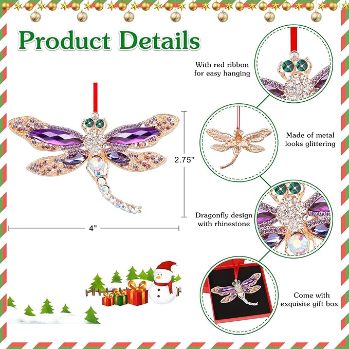 WhatSign Dragonfly Christmas Ornament - Purple Metal Hanging Ornaments for Christmas Tree Decorations Gifts for Women Girls Nature Lovers