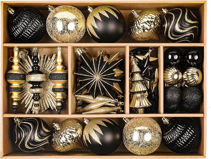 SHareconn 80pcs Christmas Balls Ornaments Set, Contemporary Light Luxury Gift Set, Shatterproof Plastic Decor for Xmas Tree Holiday Wedding Party Decorations with Hanging Strings,Black and Gold