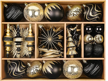 SHareconn 80pcs Christmas Balls Ornaments Set, Contemporary Light Luxury Gift Set, Shatterproof Plastic Decor for Xmas Tree Holiday Wedding Party Decorations with Hanging Strings,Black and Gold