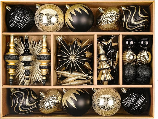 SHareconn 80pcs Christmas Balls Ornaments Set, Contemporary Light Luxury Gift Set, Shatterproof Plastic Decor for Xmas Tree Holiday Wedding Party Decorations with Hanging Strings,Black and Gold