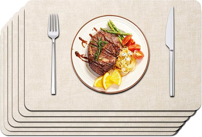 Maxpearl Faux Leather Placemats Set of 6 - Waterproof - Wipe Clean - Heat Resistant - Anti Slip Dining Table Place Mats, Suitable for Indoor & Outdoor Use, 17’’×12’’, Beige