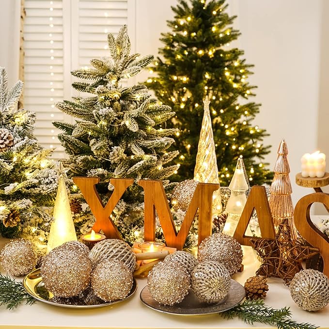 3.15" Christmas Ball Ornaments Glitter Shatterproof Christmas Tree Ornaments Sequin Xmas Hanging Balls Decorations for Wedding Party Holiday(Champagne Gold, 12pc-8cm)