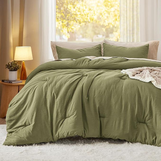 Bedsure Queen Size Comforter Set, Olive Green Soft Prewashed Bedding for All Seasons, 3 Pieces GentleSoft™ Warm Down Alternative Bed Set, 1 Lightweight Comforter (90"x90") and 2 Pillowcases (20"x26")