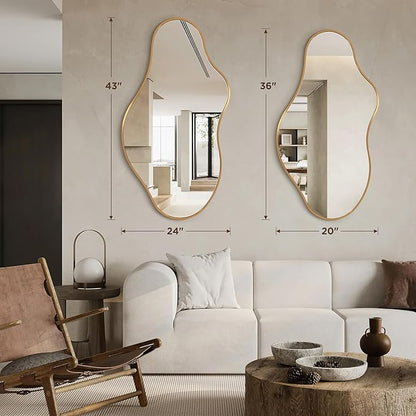 Irregular Wall Mirror - Wall Mirrors Decorative 20"x 36" Asymmetrical Abstract Mirror Aviation Aluminum Alloy Frame Unique for Bathroom, Bedroom, Living Room, Cloakroom, Entryway Gold