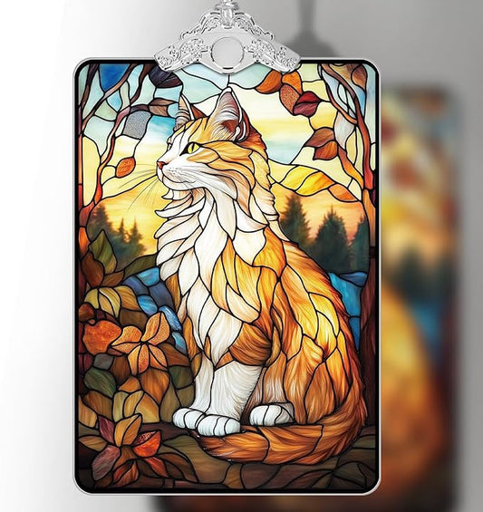 Orange Cat Stained Glass 2025 Christmas Ornament, Autumn Sunset-Inspired Christmas Tree Hanging Decoration for Pet Lovers, or Stocking Stuffer, 3.8 x 2.4 Inch