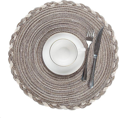 SHACOS Round Placemats Set of 6 Braided Glitter Round Table Placemats 15 inch for Wedding Holiday Party (Multicolor - Light Coffee, 6)