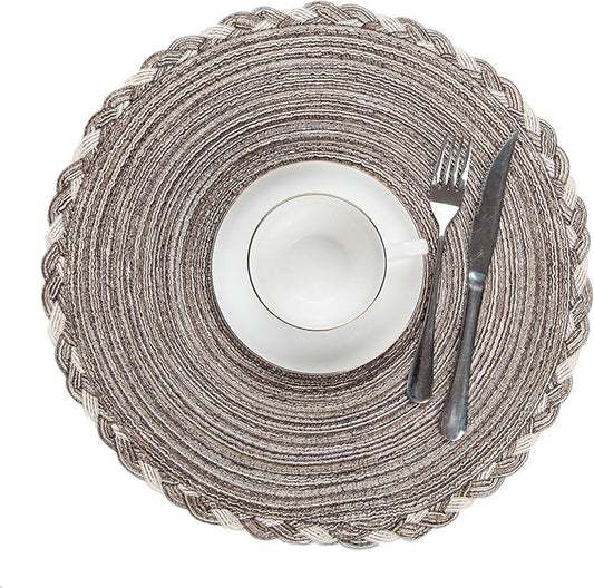 SHACOS Round Placemats Set of 6 Braided Glitter Round Table Placemats 15 inch for Wedding Holiday Party (Multicolor - Light Coffee, 6)