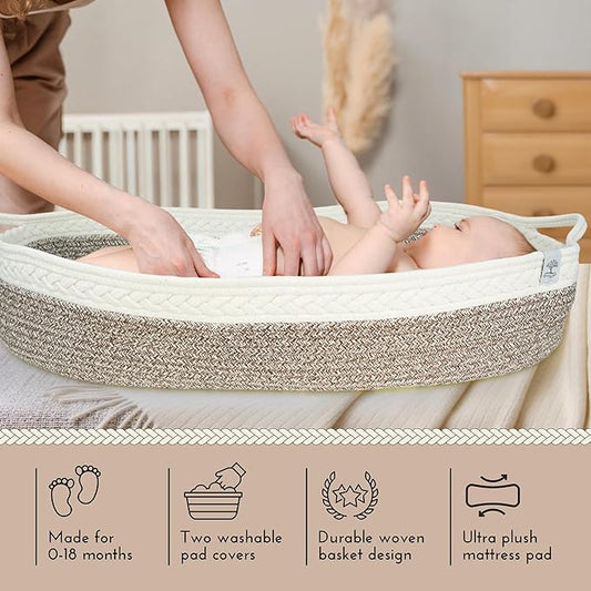 Baby Changing Basket – Boho Baby Basket for Dresser – Woven Diaper Changing Basket – 2 Water Resistant Pad Covers - Boho Nursery Decor - 100% Cotton Rope - Moses Basket - Portable Changing Station.
