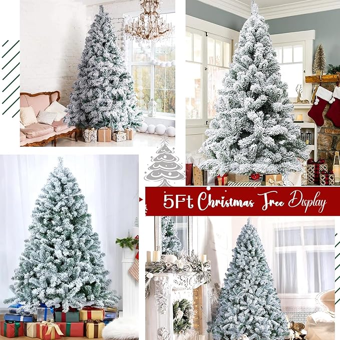 5ft Flocked Artificial Christmas Tree, Arbol de Navidad with 600 Branch Tips, Fake Christmas Tree, Premium Spruce Xmas Tree with Fold-Able Metal Base Stand