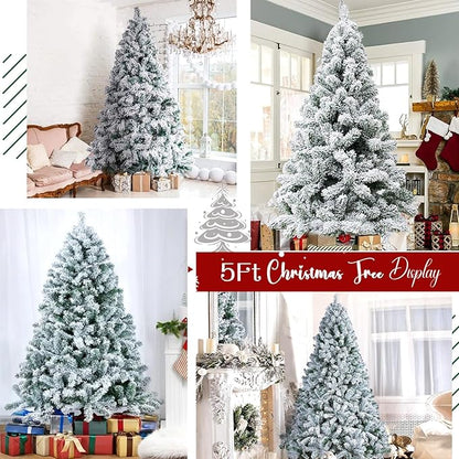 5ft Flocked Artificial Christmas Tree, Arbol de Navidad with 600 Branch Tips, Fake Christmas Tree, Premium Spruce Xmas Tree with Fold-Able Metal Base Stand