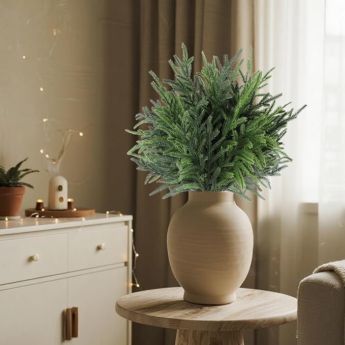 24" Extra Long Artificial Norfolk Pine Stems - 12 Pack Real Touch Christmas Greenery for DIY Wreaths Vase, Large Mantel Decor, Indoor/Outdoor Holiday Arrangements (Faux Pine Branches)
