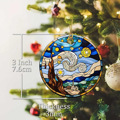 Starry Night Ornament Round Ceramic Stained Glass Style Ornament Xmas Keepsake for Christmas Tree Winter Holiday Xmas Gift for Women Men Xmas Hanging Ornament 3"