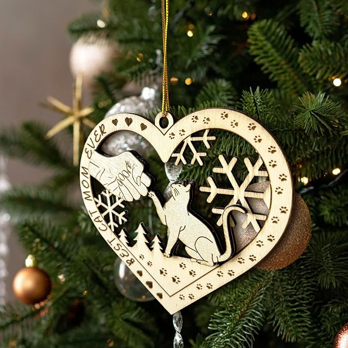 Best Cat Mom Ever - Wooden Heart-Shaped Cat & Mom Fist Bump Christmas Ornament