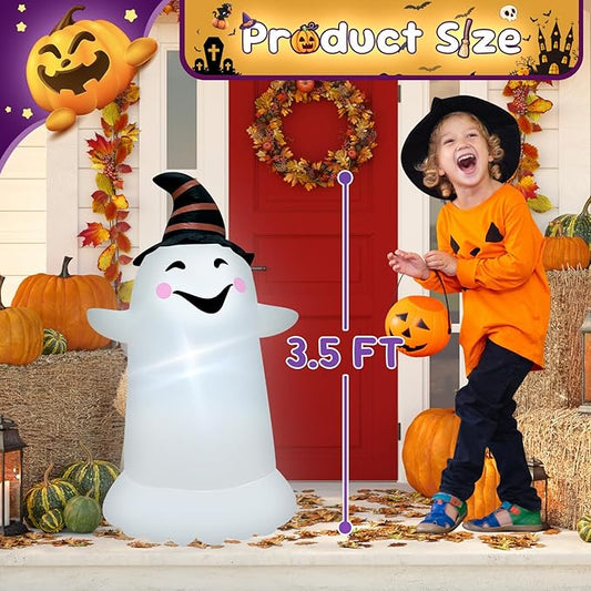 3.5FT Halloween Inflatable Decor with LED Lights Striped Hat Ghost Halloween Blow Up Decorations Indoor Outdoor Yard Garden Party Holiday Decoration
