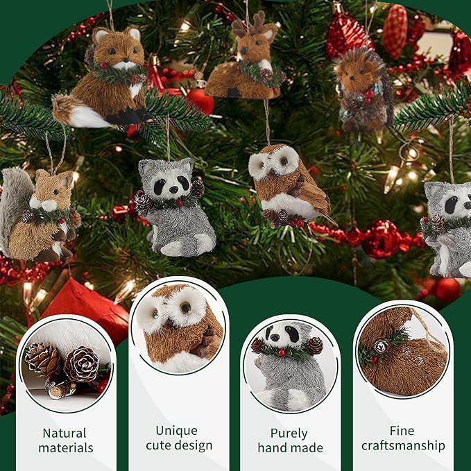 Nature Vibe Sisal Woodland Animals Christmas Tree Ornaments,Set of 6 Natural Woodland Creatures Christmas Ornaments in Gift Box for Rustic Christmas Tree Decorations or Farmhouse Decor