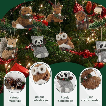 Nature Vibe Sisal Woodland Animals Christmas Tree Ornaments,Set of 6 Natural Woodland Creatures Christmas Ornaments in Gift Box for Rustic Christmas Tree Decorations or Farmhouse Decor