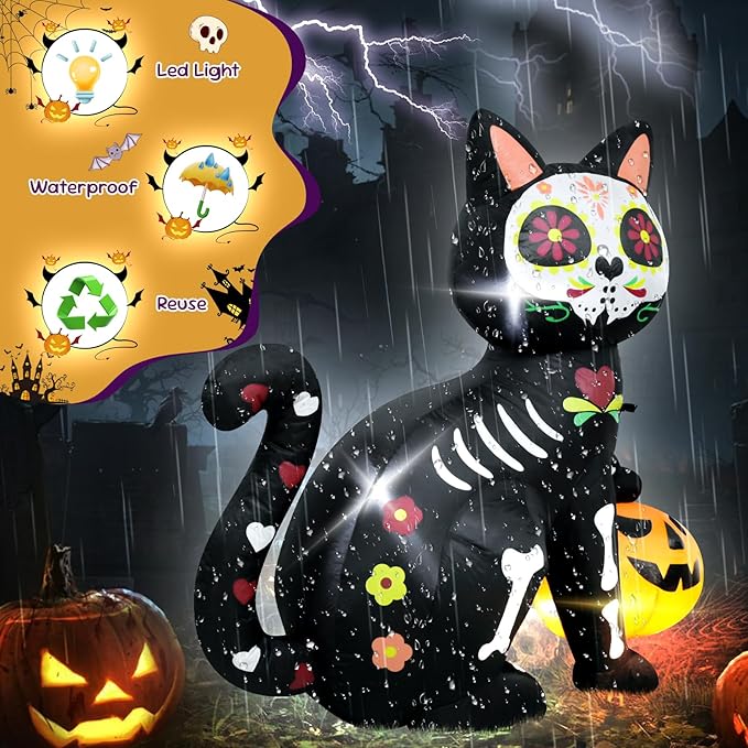 5FT Skeleton Cat Halloween Inflatable Decoration Pumpkin Decor Spooky Halloween Blow Up Decor for Parties with LED Lights Indoor Outdoor Holiday Yard Graden Decoration