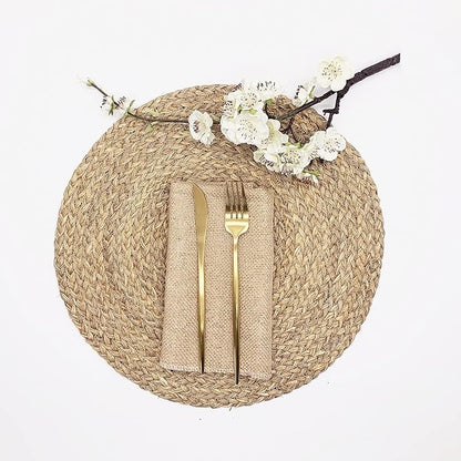 Woven Placemats for Dining Table Set of 6, 100% Natural Straw, Rustic Round Placemats Farmhouse Table Mats Rattan Wicker Placemats Hand Braided Place Mats for Indoor Outdoor, 14.17“