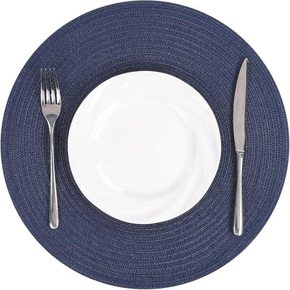 SHACOS Round Placemats Set of 6 Washable 15 inch Round Cotton Polyester Woven Braided Place Mats for Dining Table Indoor Outdoor Table Mats Home Party Wedding Decor (Navy, 6)