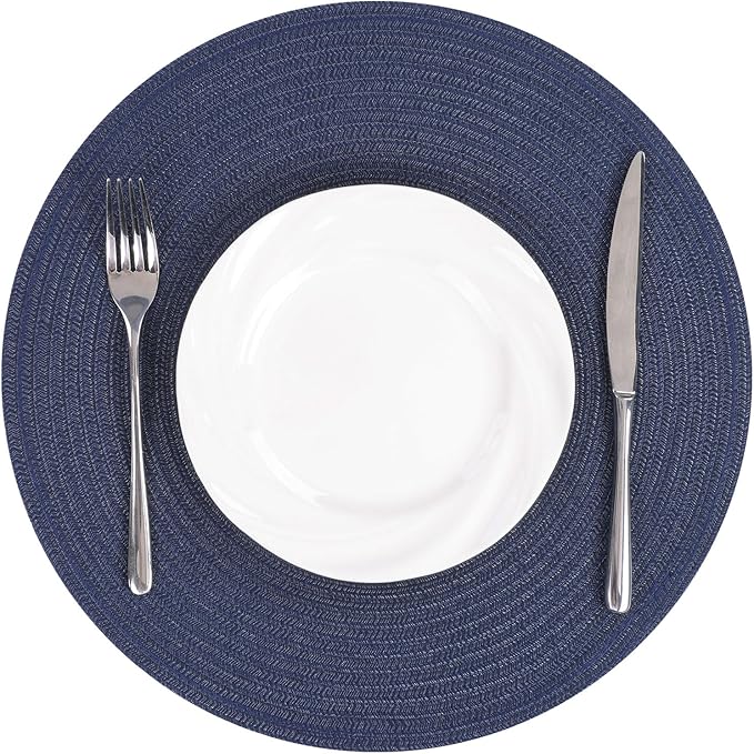 SHACOS 15 inch Navy Blue Round Placemats Set of 12 for Dining Table Woven Braided Circle Place Mats Kitchen Placemat Washable Table Mats