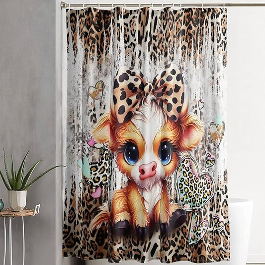 AILONEN Cartoon Yak Shower Curtain Set, Kids Leopard Print Love Yak Waterproof Fabric Shower Curtain for Bathroom Decor,Bow Tie Yak Cloth Bath Curtain Set with Plastic Hooks,60" Wx72 H
