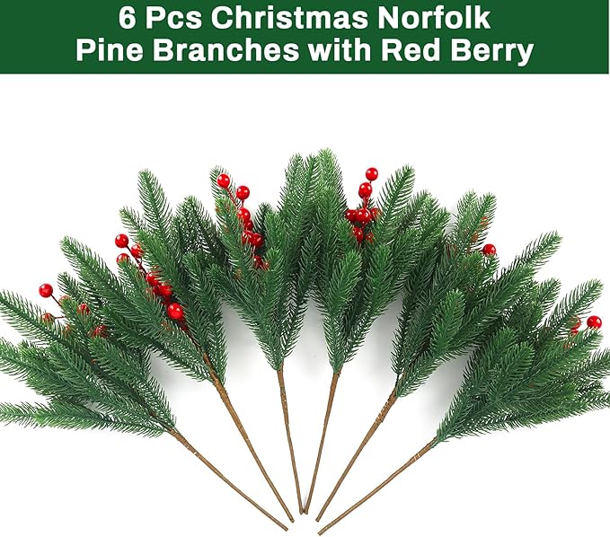 HOHOTIME 6 Pcs Christmas Pine Picks, Artificial Norfolk Pine Branches with Berry Stems, 17 inch Christmas Greenery Fake Foliage Pines Needles Picks for DIY Craft Xmas Decor Home Indoor Decoration