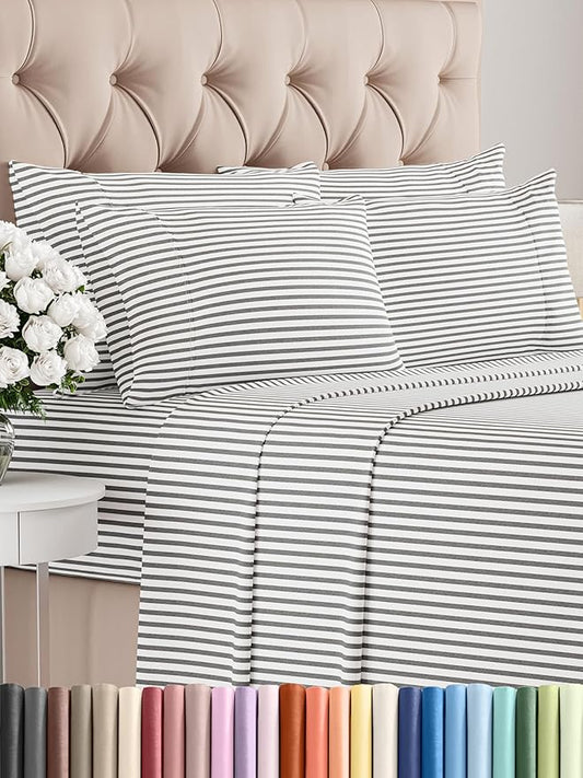 CGK Linens Full 6 Piece Sheet Set - Cooling Sheets for Hot Sleepers - Hotel Luxury Bedding Set with 8-16 Inch Deep Pockets - 1 Flat & 1 Fitted & 4 Pillowcases - Soft and Wrinkle Free - Grey Stripes