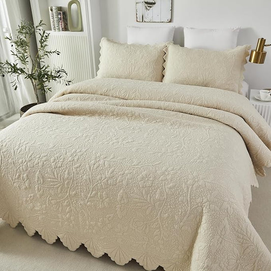Brandream Queen Size Quilt Set Cotton Beige Quilts Luxury Farmhouse Bedding Set Matelasse Coverlet Scalloped Quilt Set 3-Piece