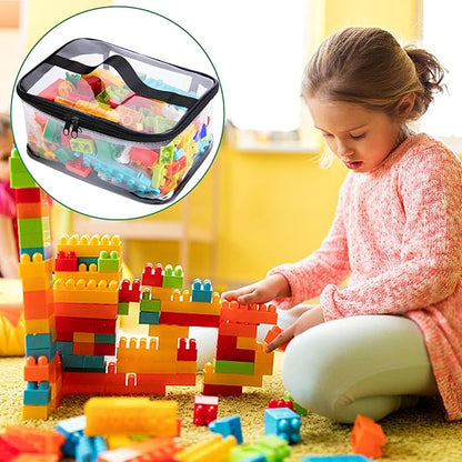 4 Packs Clear Toy Storage Bags- 9.4 x 6.7 x 4.3 Inch Transparent PVC Toy Organizing Bags with Zipper- Waterproof Toy Storage Organizer Pouch for Building Blocks, Small Toys (Black)