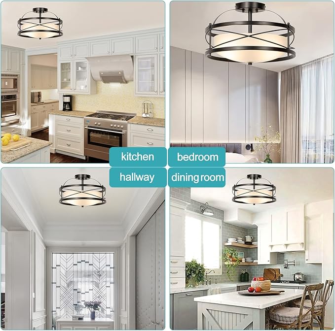 Semi Flush Mount Ceiling Light Fixtures for Farmhouse Hallway Kitchen Retro Vintage Metal Cage Drum Close to Ceiling Light E26 Base Black