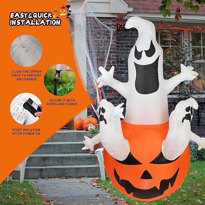 Dearsun 6FT H Halloween Inflatable Pumpkin Ghosts with Build-in LED Lights, Blow up Halloween Inflatable for Indoor Outdoor Party Garden Lawn Holiday Decor (Three Ghosts with Pumpkin)