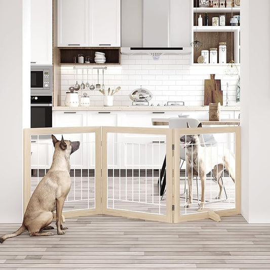 Folding No-Assembly Pet Gate 72" Wide, 30" Tall Wooden Dog Gate, Freestanding Wire Pet Gate, Pet Puppy Safety Fence, with 2PCS Support - Natural White
