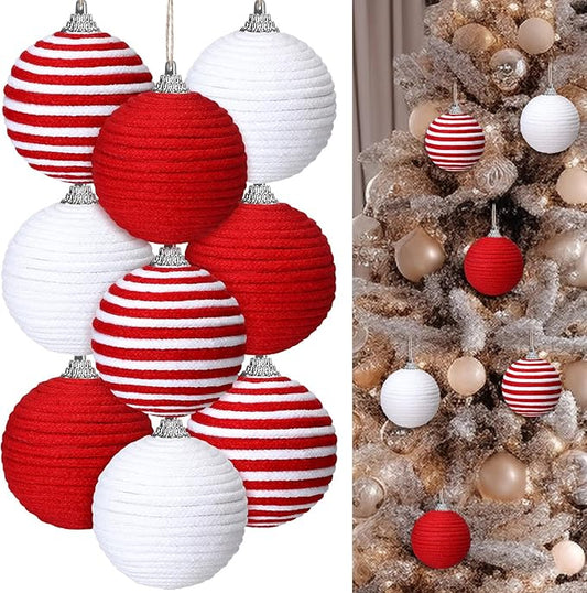 Syhood 9 Pcs 2.36 Inch Christmas Ball Ornaments Boho Farmhouse Jute Rope Hanging Balls Burlap Neutral Rustic Ornaments for Xmas Tree Holiday Wreath Garland Wedding Home(Red, White, Red and White)