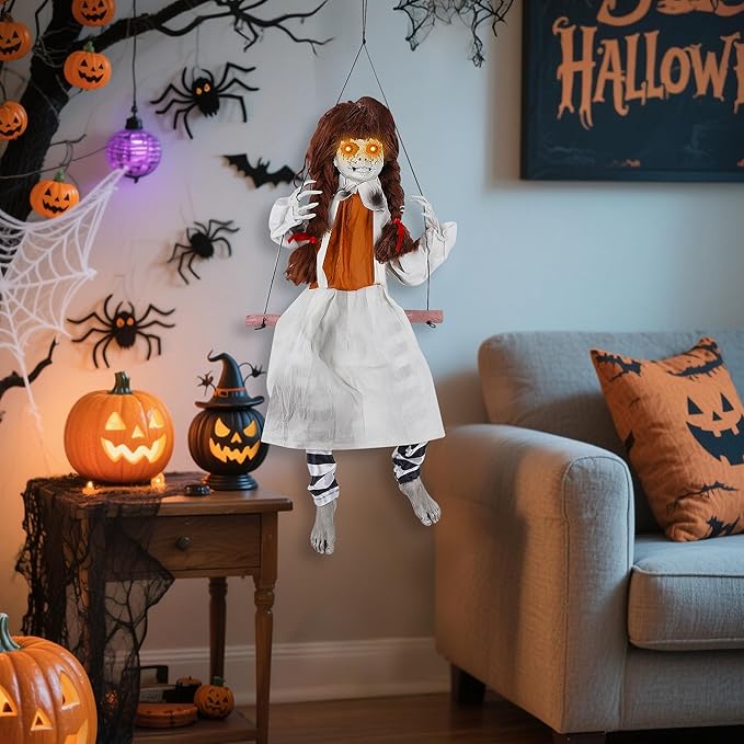 Prsildan Halloween Decorations Outdoor Hanging Swing Girl, Scary Animatronic Decor Life-Size Halloween Props with Creepy Sounds Motion for Outside Indoor Yard Trees