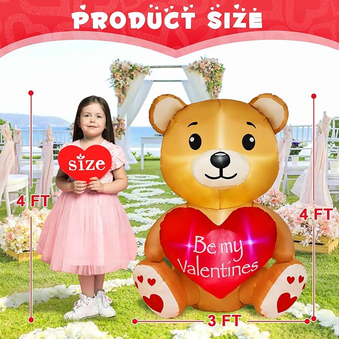 4FT Valentines Day Inflatable Bear Holds Love Heart, Valentines Day Decor Built-in RGB LED Lights, Valentines Gift Blow Up Yard Decoration for Party Anniversary Wedding Propose Garden Lawn