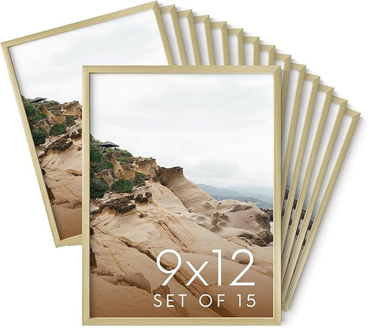 HAUS AND HUES 9x12 Gold Metal Picture Frames - Features Premium Aluminum, Vertical & Horizontal Hang, Shatterproof Plexiglass - Perfect for Home, Room, Office (9x12 in, Gold, Set of 15)