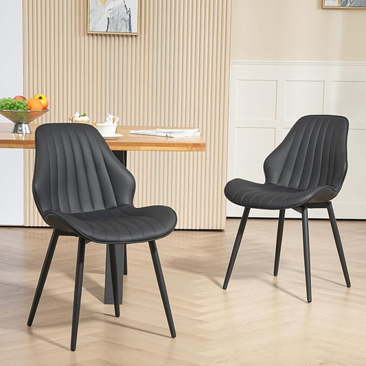 Finnhomy Dining Chairs Set of 2, Mid-Century Modern Upholstered Dining Chairs, Armless Faux Leather Accent Chairs with Backrest, Living Dining Room Chairs with Metal Legs for Dining Room, Black