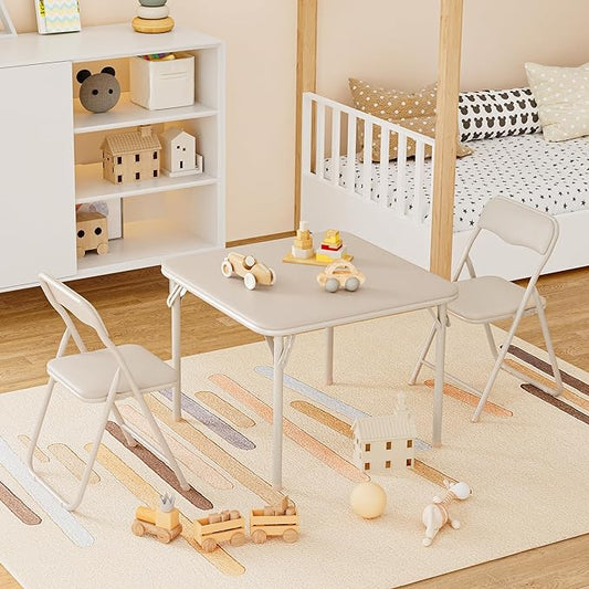 IDEALHOUSE Boys and Girls Folding Table and Chairs Set of 3, Portable Table and Chair with Pu Soft Cushion,Suitable for Eating,Reading and Playing