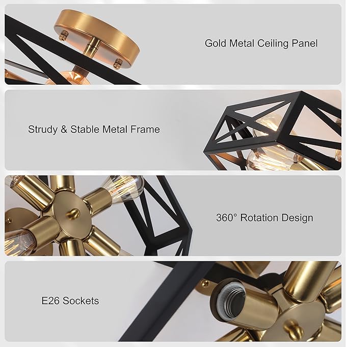 Kitchen Lighting Fixtures Ceiling,Farmhouse Flush Mount Ceiling Light with Metal Cage Modern Black and Gold Hallway Light Fixture Black Ceiling Light for Bedroom Bathroom Foyer 19.6 in