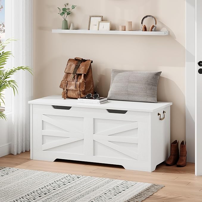 IDEALHOUSE 39.4" Toy Chest, Large Storage Chest with Safety Hinge, Kids Wooden Toy Box with Lid, Supports 350 lbs, Storage Bench Trunk for Entryway, Living Room, Bedroom, White