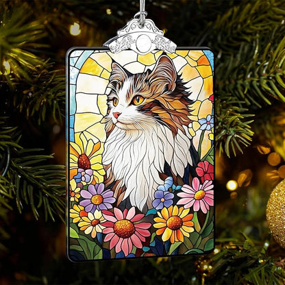 Cat in Flowers Stained Glass Ornament, 2025 Christmas Tree Hanging Decoration for Gift Exchange or Stocking Stuffer, Holiday Decor, 3.8 x 2.4 Inch